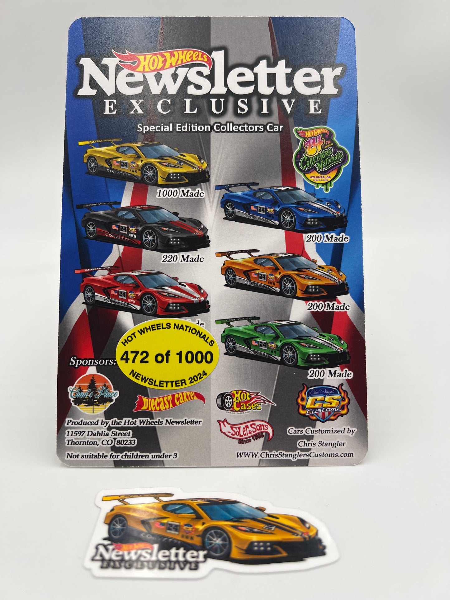 2024 Hot Wheels 24th Annual Collector Nationals Newsletter Corvette C8.R Yellow Chris Stangler Custom #472/1000 W/Protector