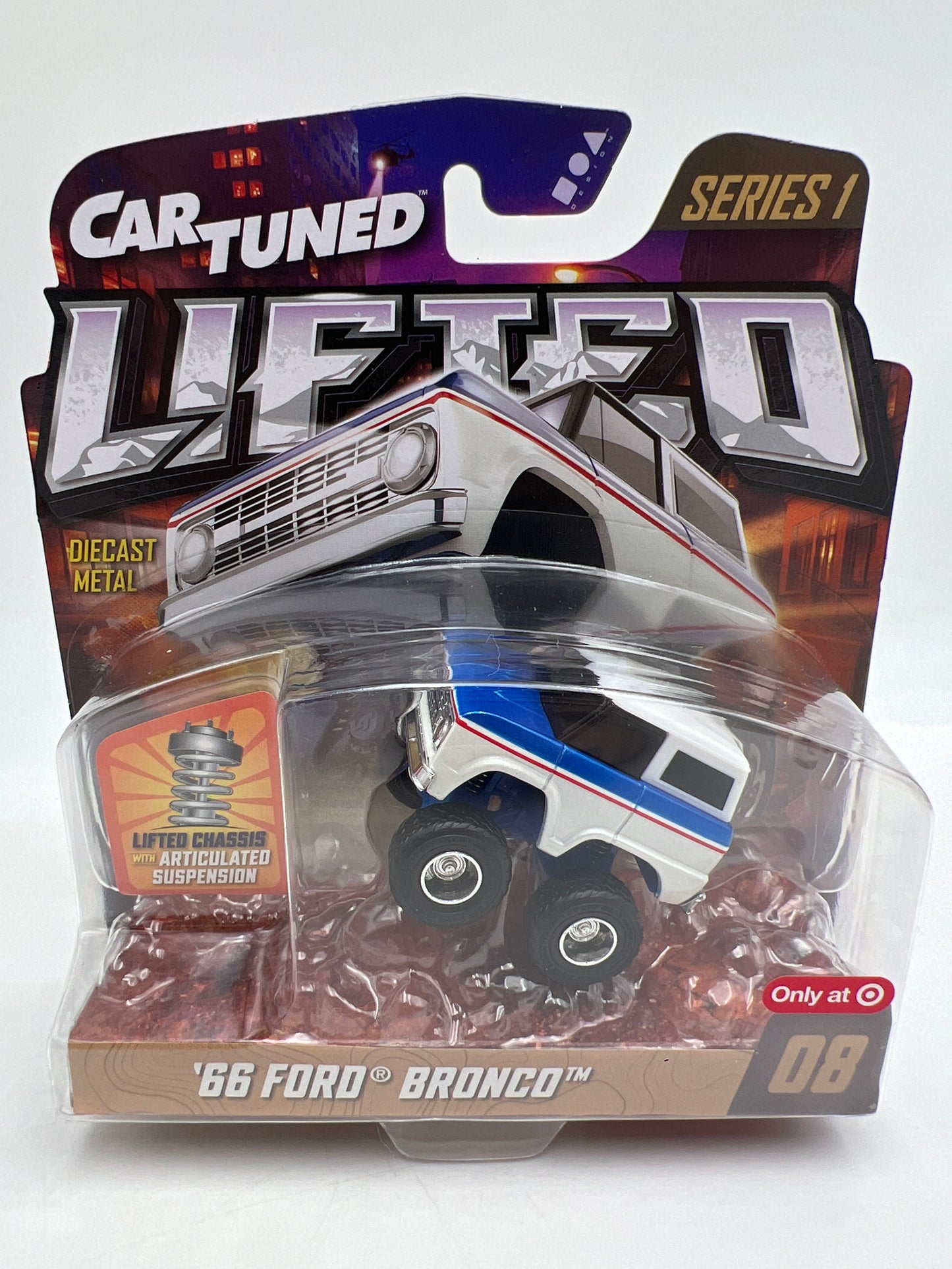 MGA Car Tuned Target Exclusive Lifted Series 1 #8 66 Ford Bronco White/Blue