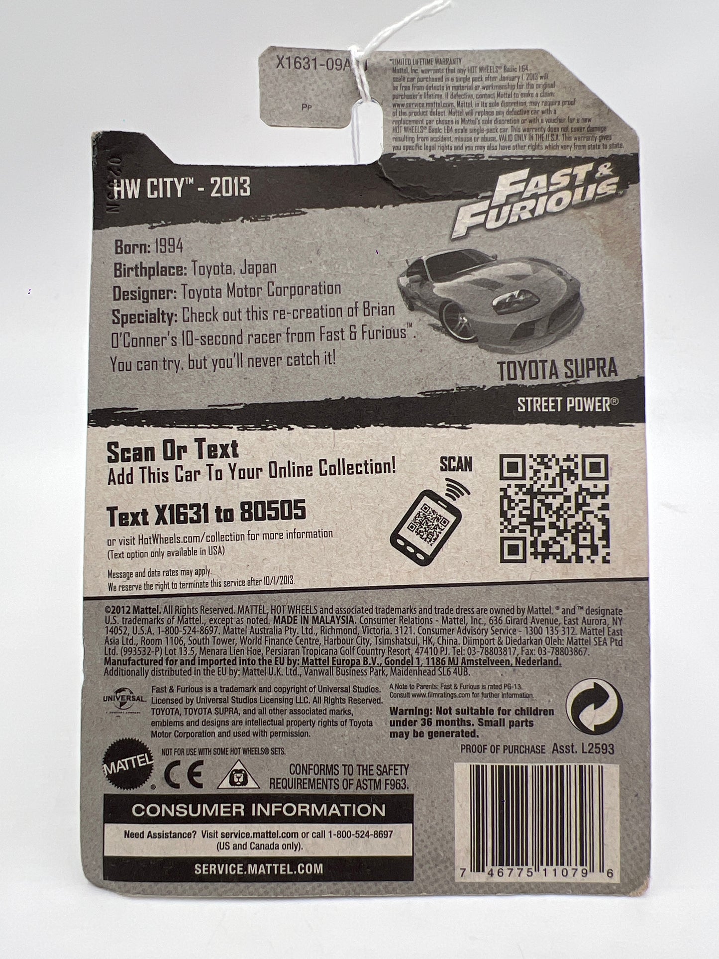 2013 Hot Wheels City #5 Fast & Furious Toyota Supra Orange Card Not Perfect