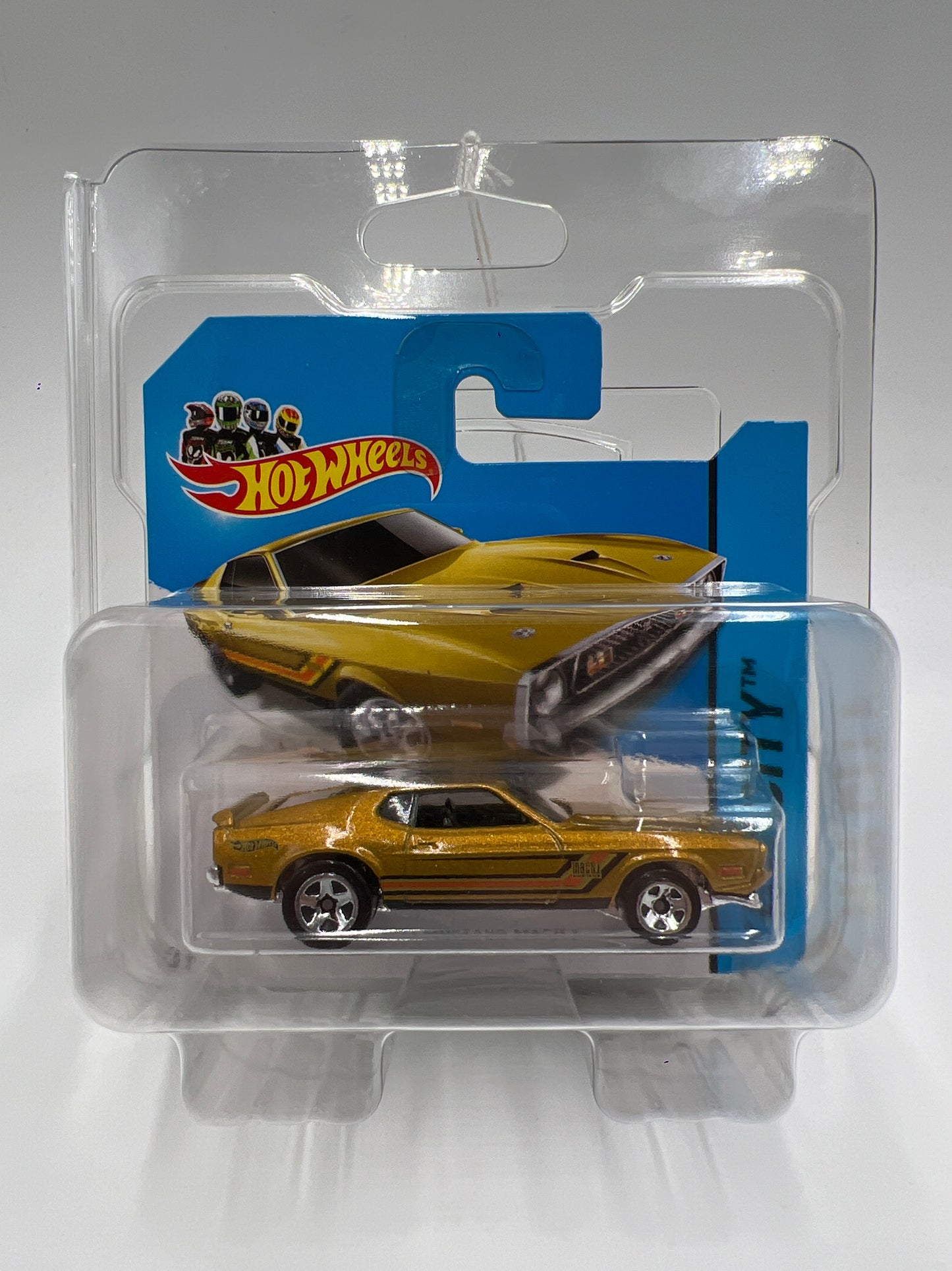 2014 Hot Wheels Short Card HW City #94 1971 Mustang Mach 1 Gold W/Protector 2