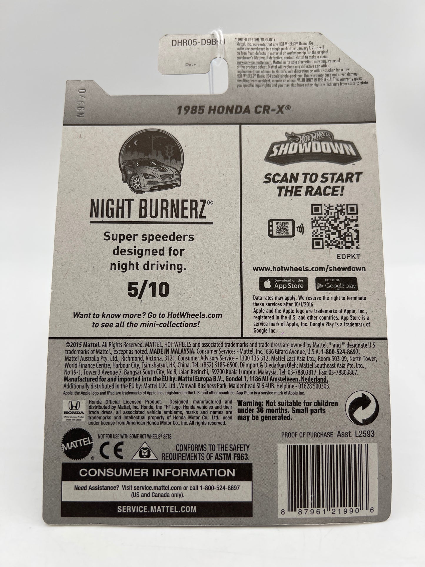 2016 Hot Wheels Night Burnerz #85 1985 Honda CR-X Red 77D