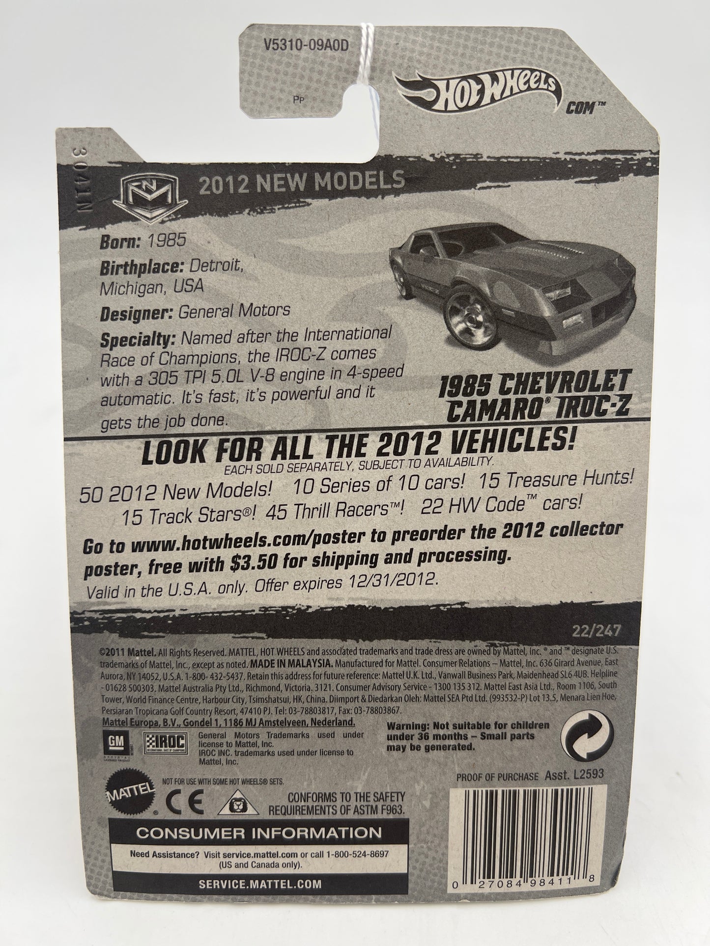 2012 Hot Wheels New Models #22 1985 Chevrolet Camaro IROC-Z Red *Bad Blister* 13B