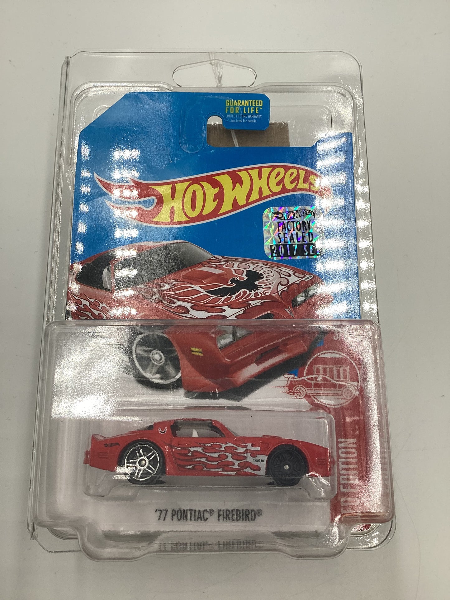 2017 Hot Wheels Factory Sealed Target Red Edition 77 Pontiac Firebird W/Protector bad card and wheel error