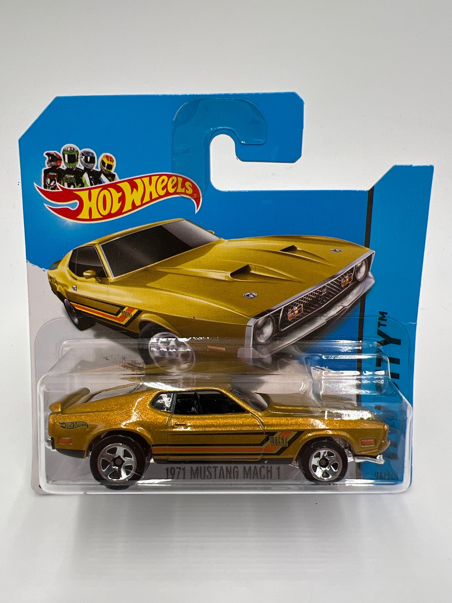 2014 Hot Wheels Short Card HW City #94 1971 Mustang Mach 1 Gold W/Protector 2