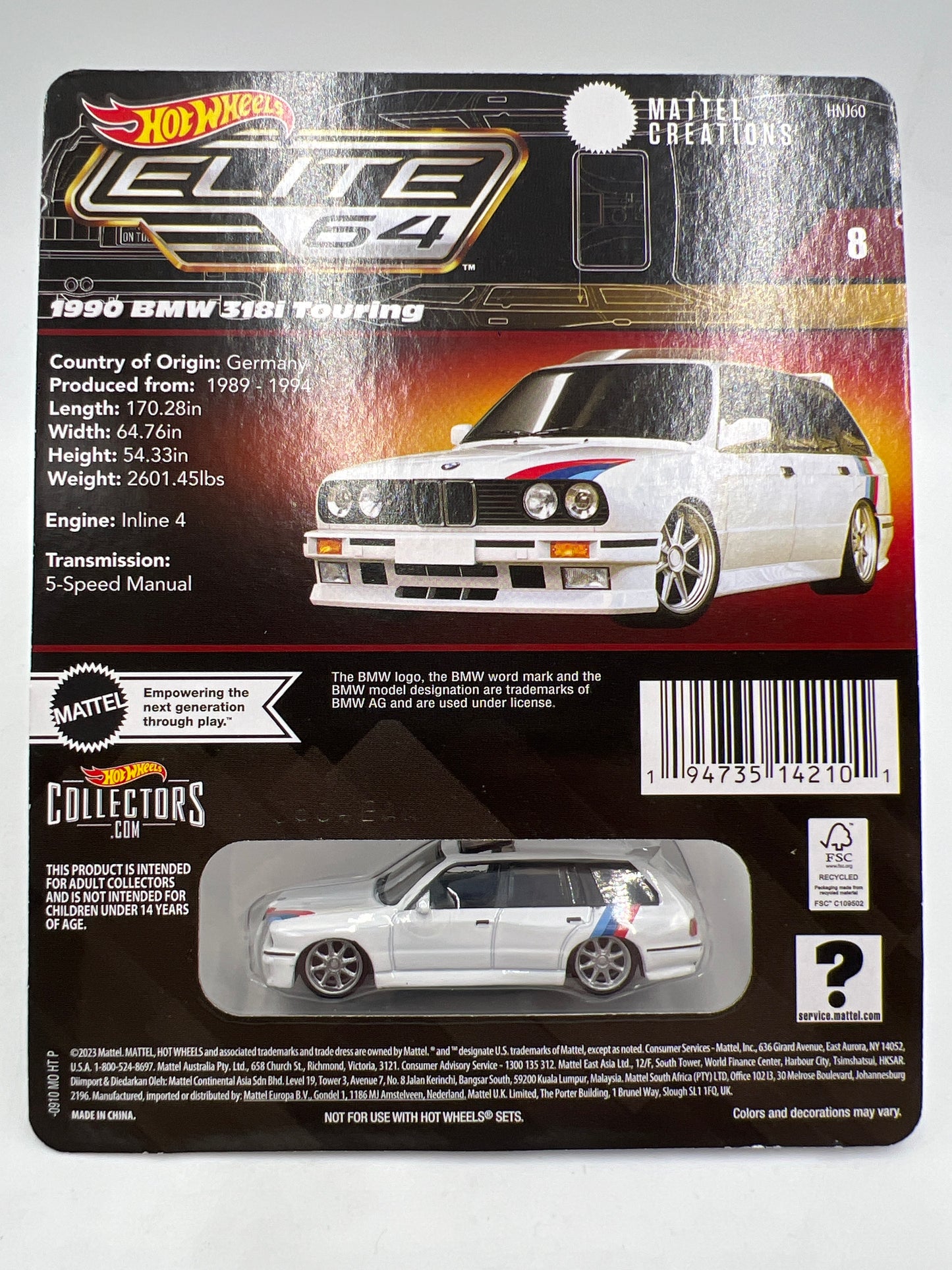 Hot Wheels RLC Elite 64 #8 1990 BMW 318i Touring White W/Protector