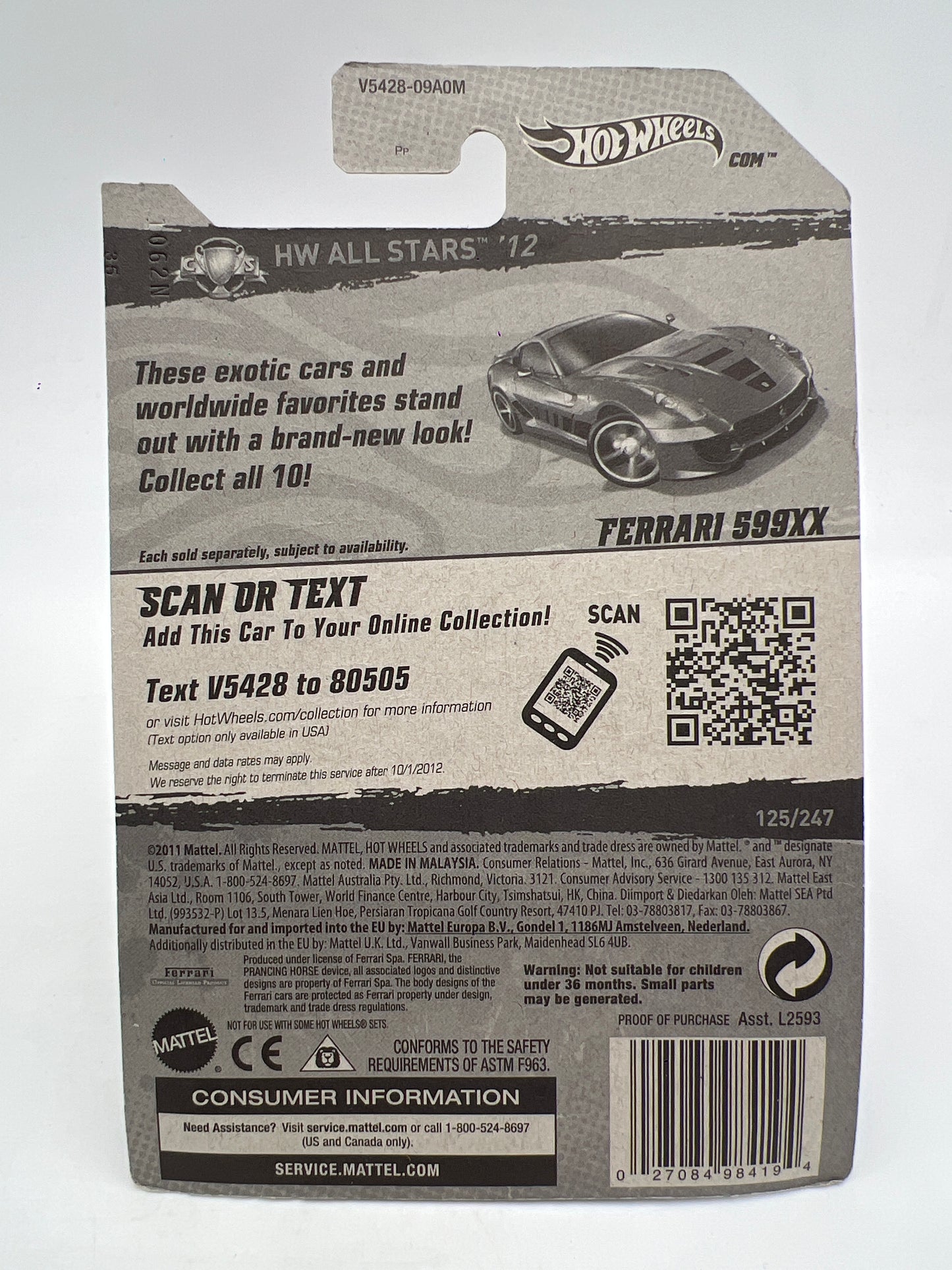 2012 Hot Wheels All Stars #125 Ferrari 599XX Red W/Protector 2