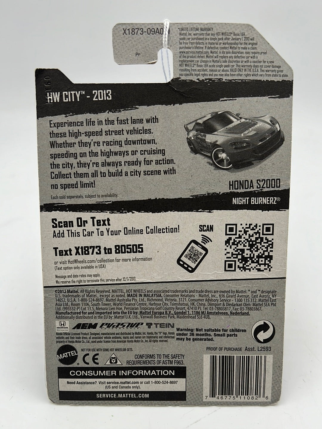 Hot Wheels 2013 HW City Honda S2000 #21 *Card Not Perfect*