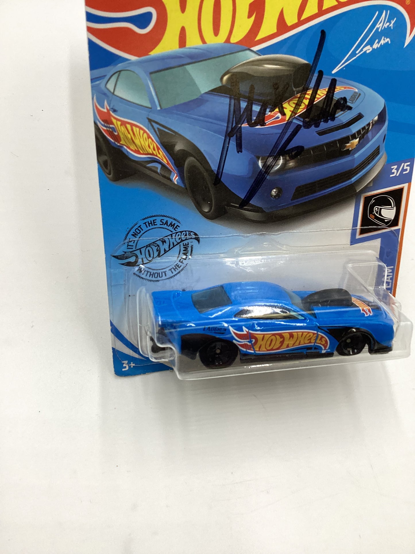 Hot Wheels 10 Pro Stock Camaro Blue #250 Autographed Alex Laughlin Cracked Blister Both Sides with protector
