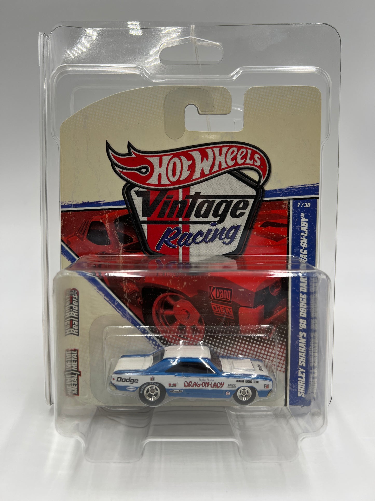 Hot Wheels Premium Vintage Racing #7 Shirley Shahans 68 Dodge Dart Blue/White Drag-On Lady W/Protector