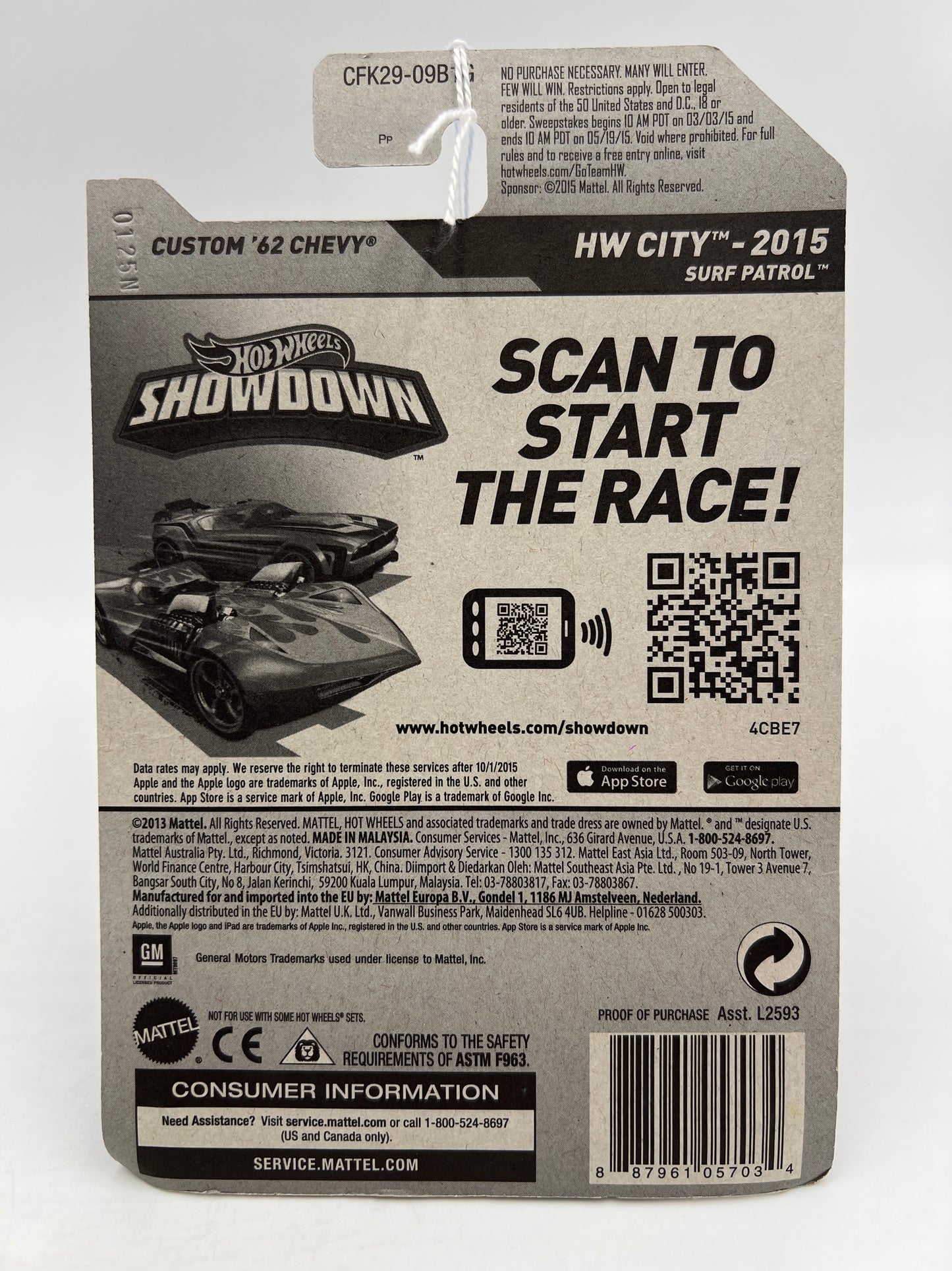 2015 Hot Wheels City #72 Custom 62 Chevy Yellow Win Card