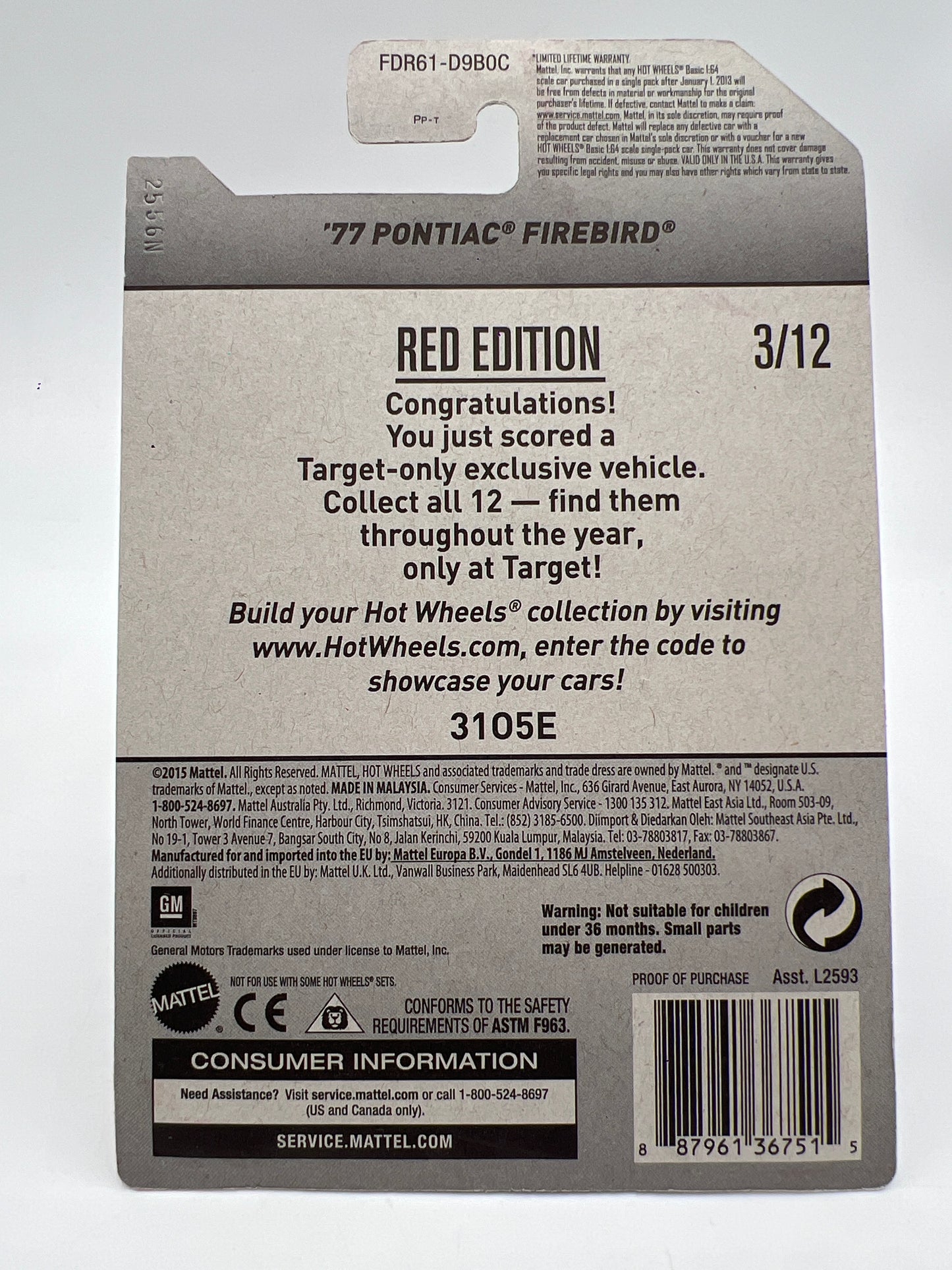 Hot Wheels Target Red Edition 77 Pontiac Firebird Red W/Protector