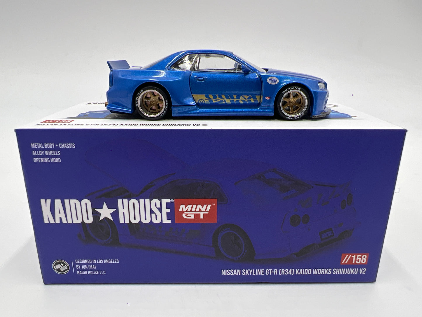 Mini GT Kaido House #158 Nissan Skyline GT-R R34 Kaido Works Shinjuku V2 Blue