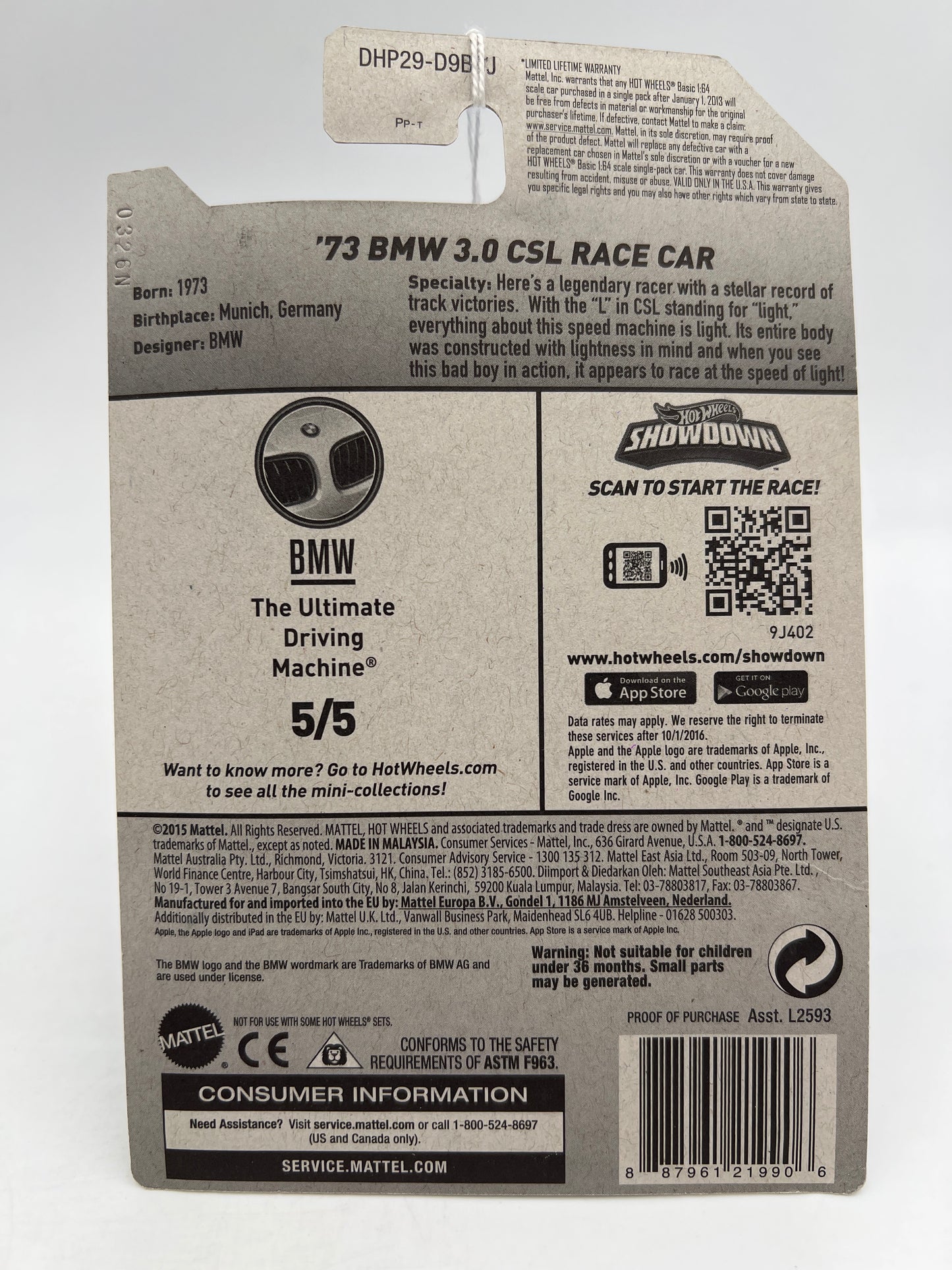 2016 Hot Wheels BMW #190 73 BMW 3.0 CSL Race Car White