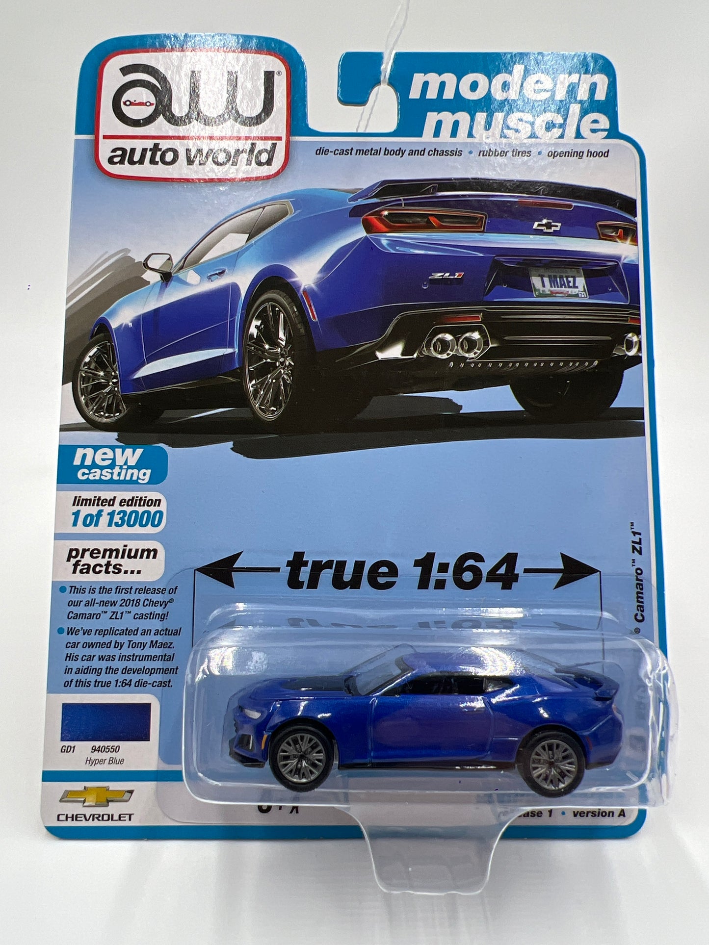 Auto World Modern Muscle Release 1 Version A 2018 Chevy Camaro ZL1 Hyper Blue 186A