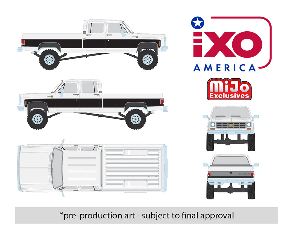 (Preorder) IXO Model 1:64 1978 Chevrolet Silverado K30 Crew Cab Fleetside Lifted White w/ Black Two Tone Limited Edition Mijo Exclusives