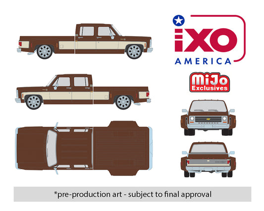 (Preorder) IXO Model 1:64 1979 Chevrolet Silverado C30 Crew Cab Dually Lowered Cordova Brown and Santa Fe Tan Limited Edition Mijo Exclusives