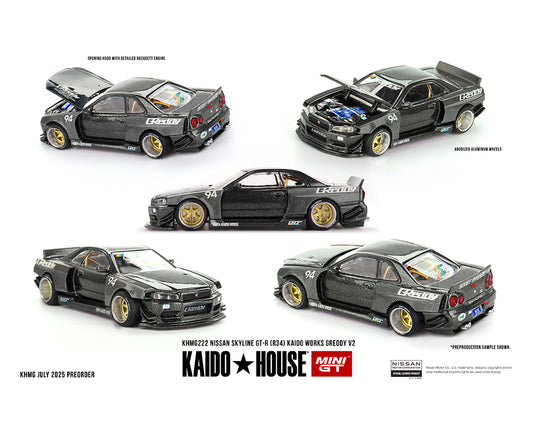 PREORDER Kaido House x Mini GT 1:64 Nissan Skyline GT-R R34 Kaido Works GReddy V2 – Black w/ Carbon #222
