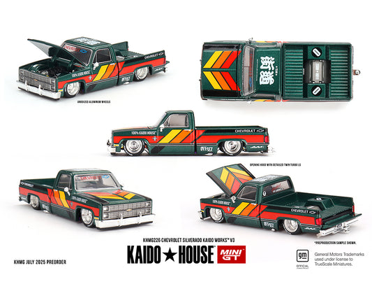 PREORDER Kaido House x Mini GT 1:64 Chevrolet Silverado KAIDO WORKS V3 Dark Green #226