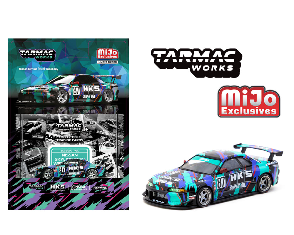(Preorder) Tarmac Works 1:64 Nissan Skyline (R32) Widebody Jonsibal Designworks & HKS with Card Pack – Blue, Green, Black – Tarmac Cards MiJo Exclusives Limited Edition