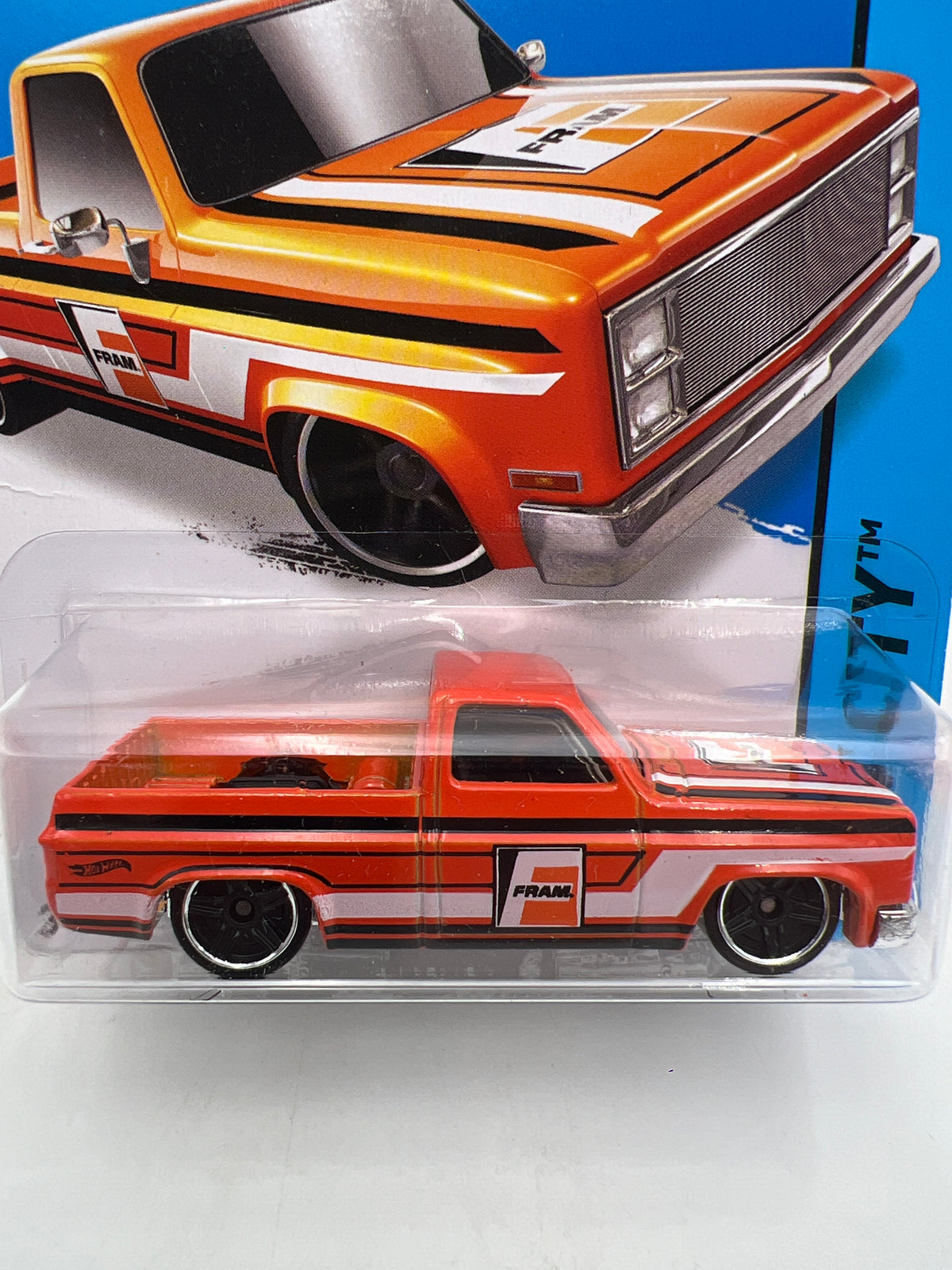 2015 Hot Wheels City #16 83 Chevy Silverado Fram Orange W/Protector