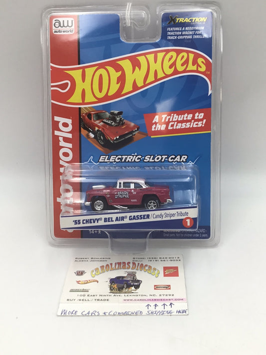 Auto world Xtraction electric slot car 55 Chevy Bel air Gasser Candy striper tribute